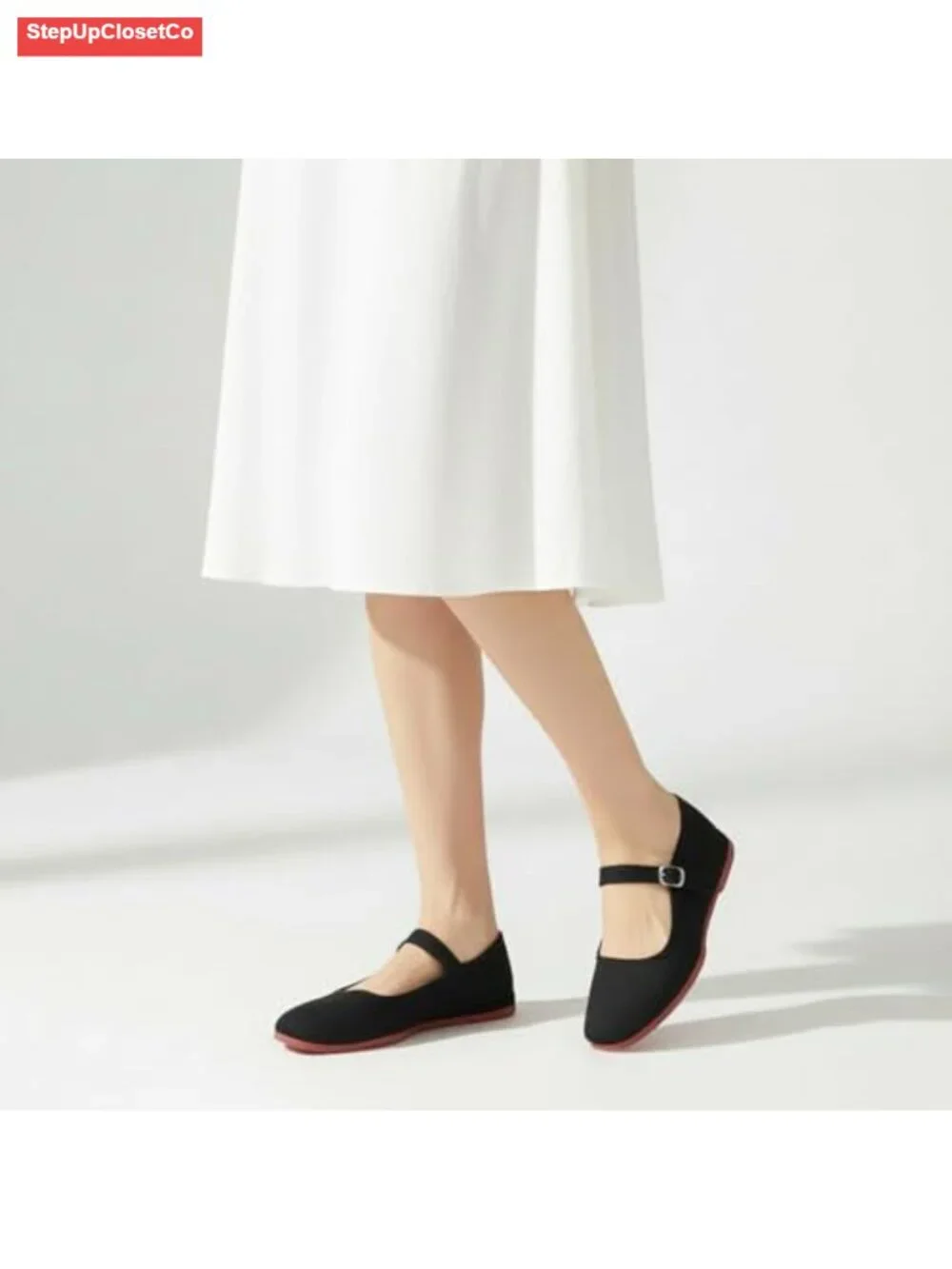 Cotton Mary Jane Flats, Square Toe China Doll Shoes, Hand-Stitched Buckle Flats
